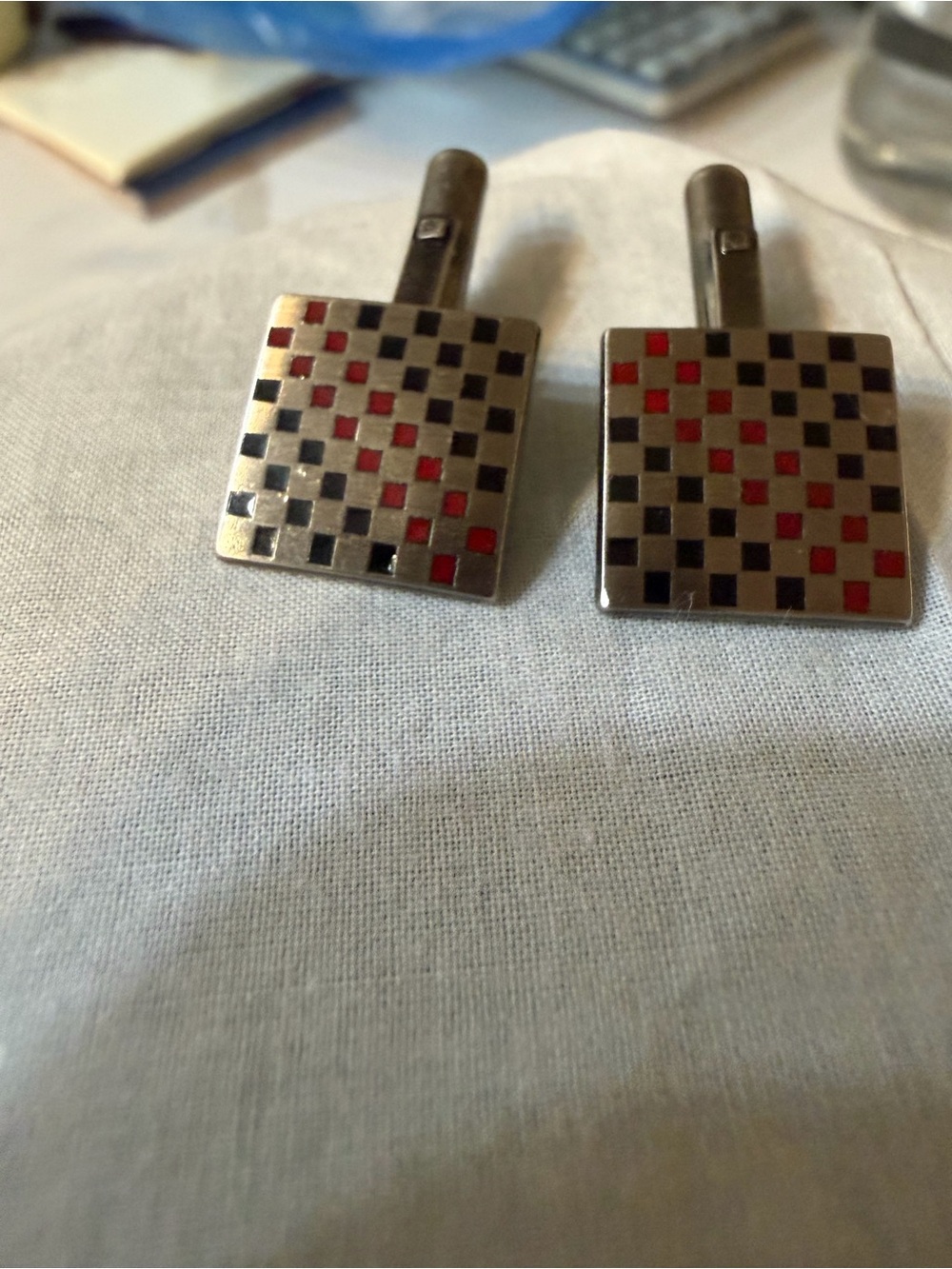 Men's Square Checkered Cufflinks in Silver with Black & Red Accents